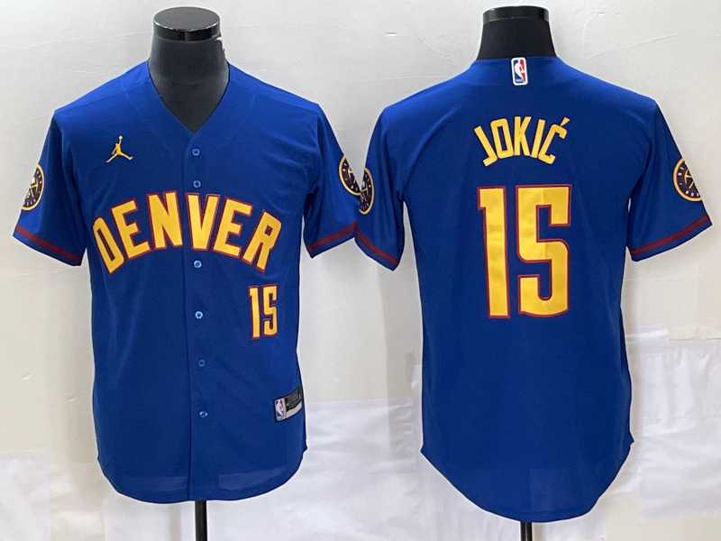 Mens Denver Nuggets #15 Nikola Jokic Blue With Patch Stitched Baseball Jersey